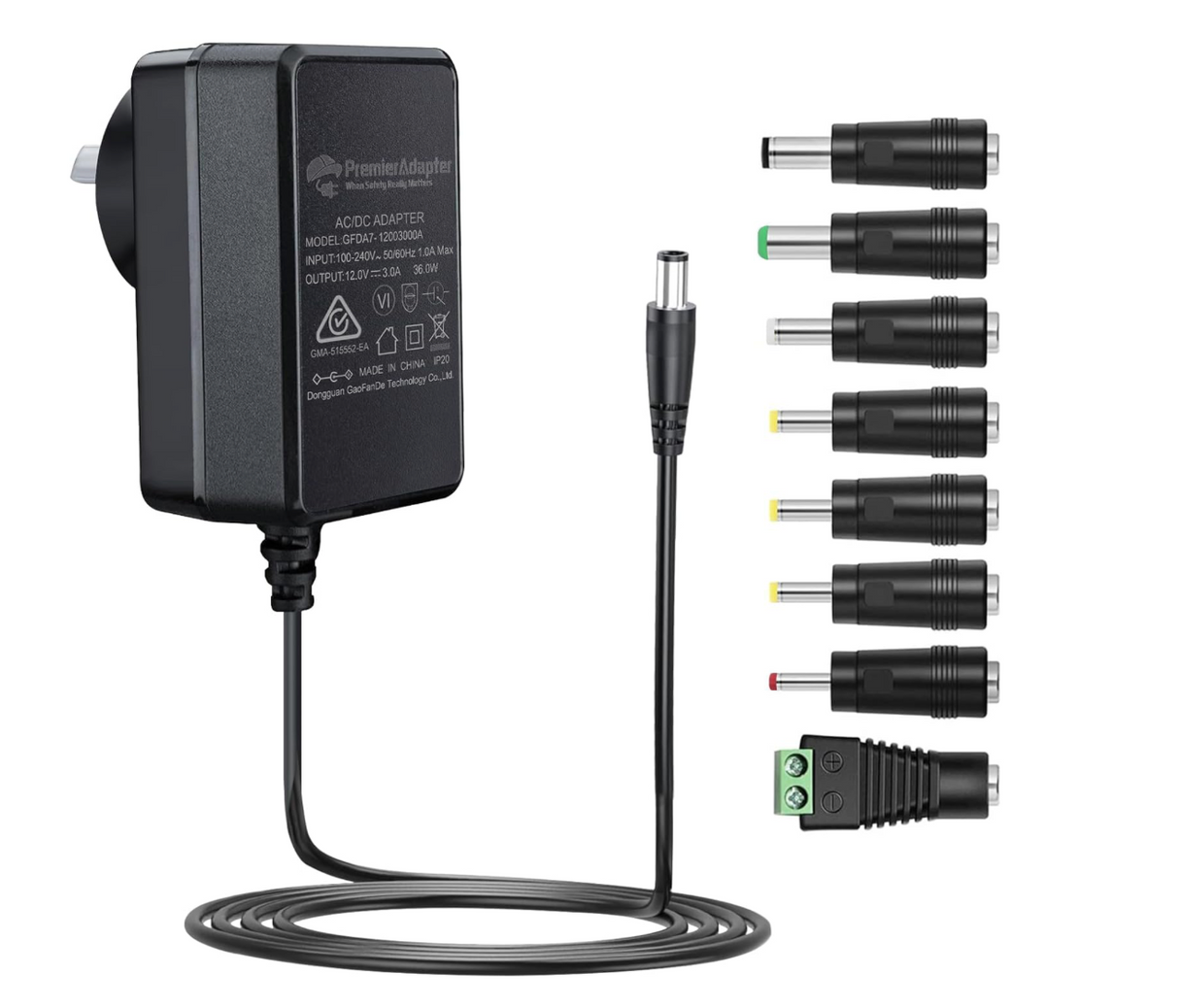 12V 3A Power Supply with Multiple Plugs